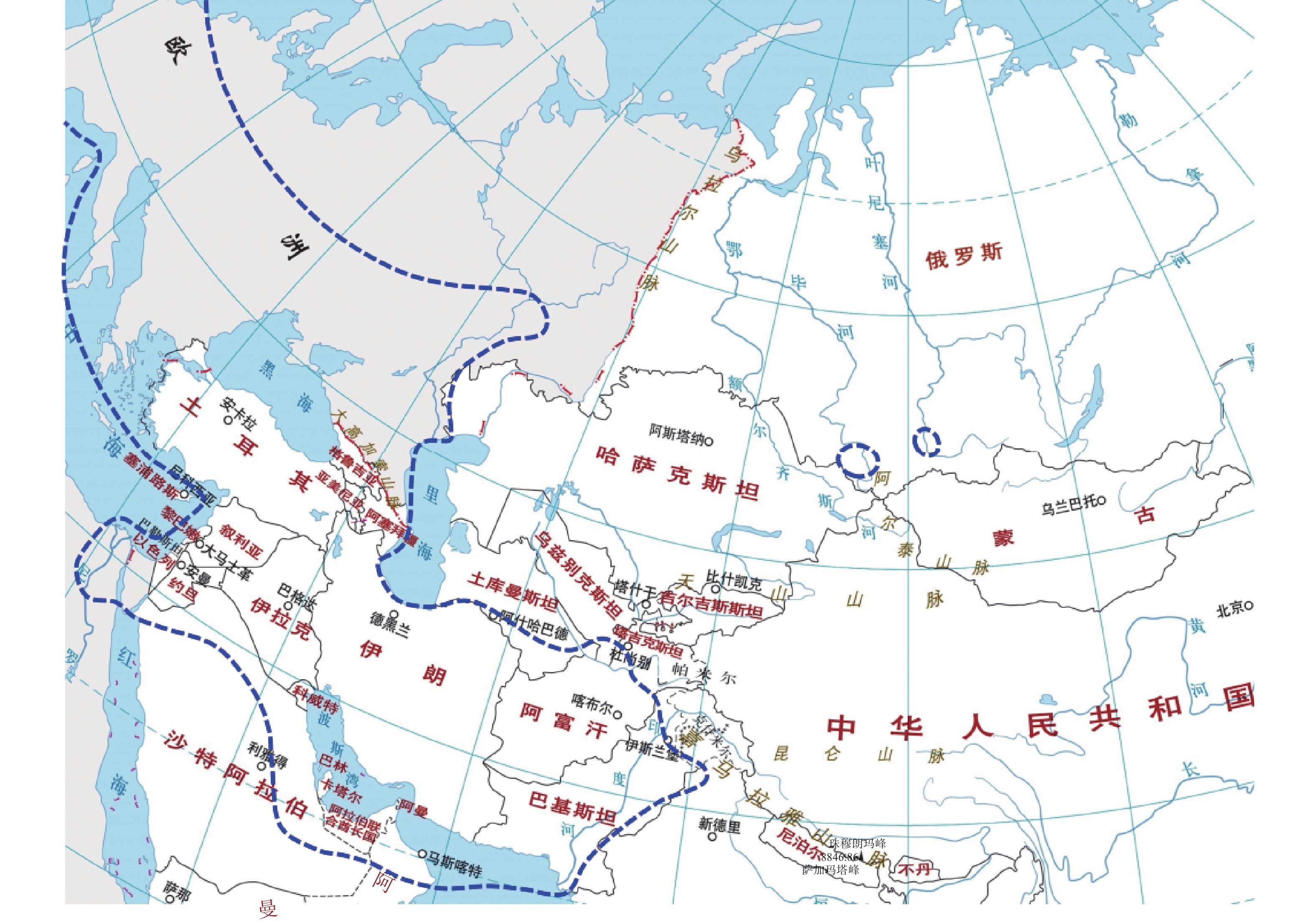 苏联 前苏联及环地中海出现早期铜器的地区[34](图中虚线范围勾勒出公元前三千纪中期之前出现铜器的地区)